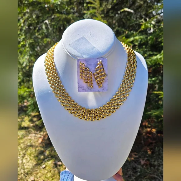 Vintage Premier Designs Panther Link Collar Necklace Gold Tone / Avon Eartings - Picture 5 of 16